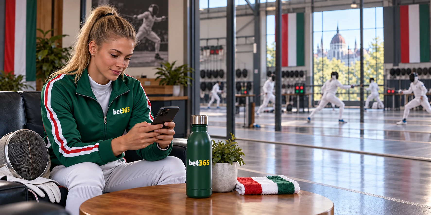 Sportoló mobiltelefonnal és bet365 sportruházatban